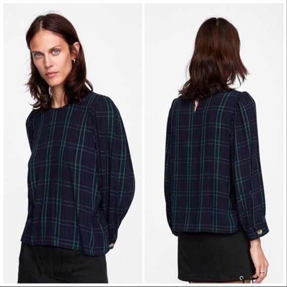 Zara Tartan Plaid Blue Green Balloon Sleeve Keyhole Back Top Academia - Picture 1 of 9